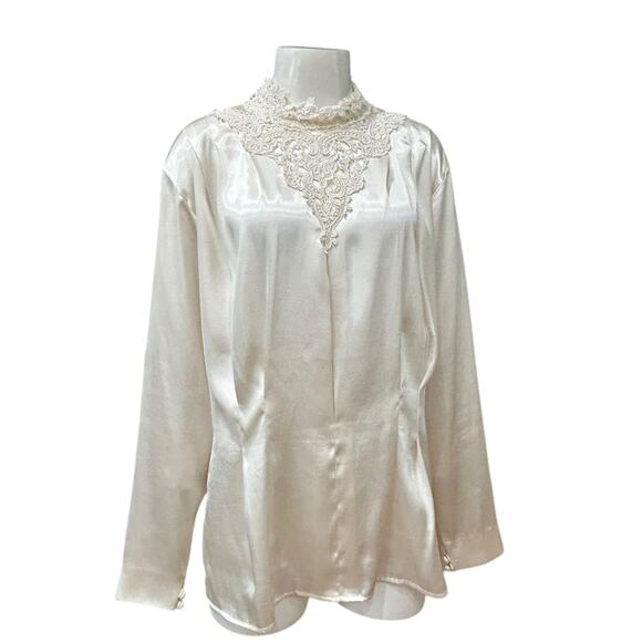 Vintage Pierre Cardin Ivory Satin Blouse Lace High Neck Victorian Romantic XL - - Picture 5 of 5